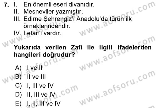 XVI. Yüzyıl Türk Edebiyatı Dersi 2022 - 2023 Yılı (Final) Dönem Sonu Sınav Soruları 7. Soru