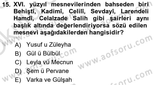XVI. Yüzyıl Türk Edebiyatı Dersi 2022 - 2023 Yılı Yaz Okulu Sınav Soruları 15. Soru