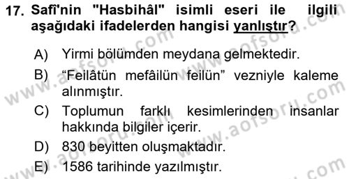 XVI. Yüzyıl Türk Edebiyatı Dersi 2022 - 2023 Yılı Yaz Okulu Sınav Soruları 17. Soru
