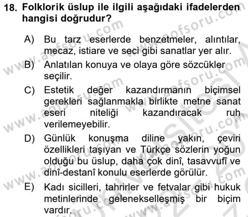 XVI. Yüzyıl Türk Edebiyatı Dersi 2022 - 2023 Yılı Yaz Okulu Sınav Soruları 18. Soru