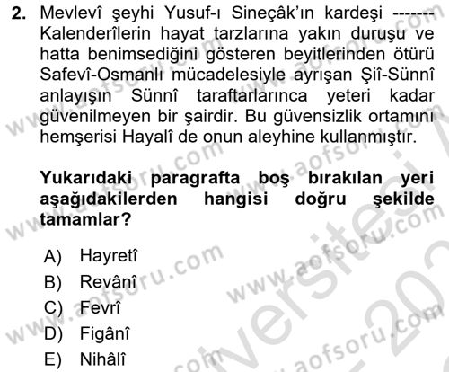 XVI. Yüzyıl Türk Edebiyatı Dersi 2022 - 2023 Yılı Yaz Okulu Sınav Soruları 2. Soru