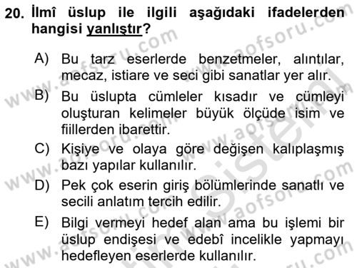 XVI. Yüzyıl Türk Edebiyatı Dersi 2022 - 2023 Yılı Yaz Okulu Sınav Soruları 20. Soru