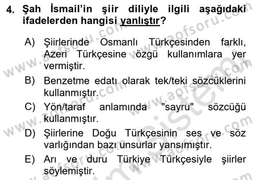 XVI. Yüzyıl Türk Edebiyatı Dersi 2022 - 2023 Yılı Yaz Okulu Sınav Soruları 4. Soru