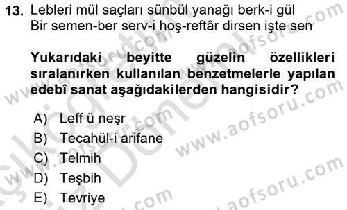XVI. Yüzyıl Türk Edebiyatı Dersi 2023 - 2024 Yılı (Vize) Ara Sınav Soruları 13. Soru