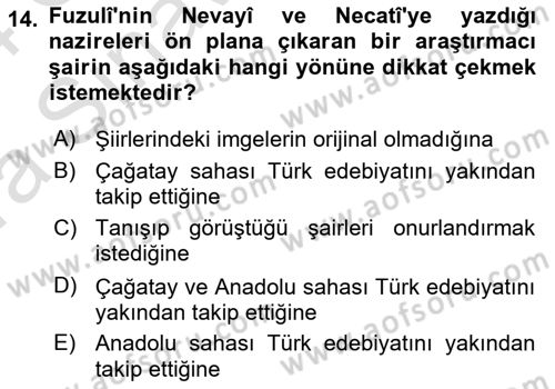 XVI. Yüzyıl Türk Edebiyatı Dersi 2023 - 2024 Yılı (Vize) Ara Sınav Soruları 14. Soru
