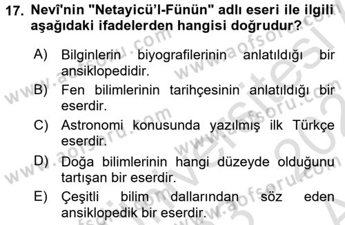 XVI. Yüzyıl Türk Edebiyatı Dersi 2023 - 2024 Yılı (Vize) Ara Sınav Soruları 17. Soru
