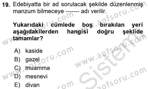 XVI. Yüzyıl Türk Edebiyatı Dersi 2023 - 2024 Yılı (Vize) Ara Sınav Soruları 19. Soru