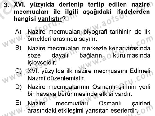 XVI. Yüzyıl Türk Edebiyatı Dersi Ara Sınavı Deneme Sınav Soruları 3. Soru