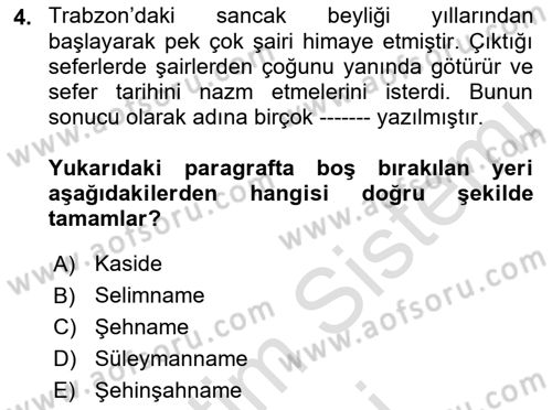XVI. Yüzyıl Türk Edebiyatı Dersi 2023 - 2024 Yılı (Vize) Ara Sınav Soruları 4. Soru