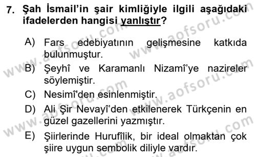 XVI. Yüzyıl Türk Edebiyatı Dersi 2023 - 2024 Yılı (Vize) Ara Sınav Soruları 7. Soru