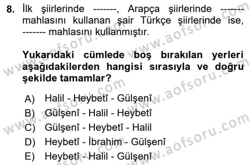 XVI. Yüzyıl Türk Edebiyatı Dersi 2023 - 2024 Yılı (Vize) Ara Sınav Soruları 8. Soru
