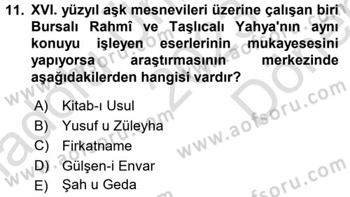 XVI. Yüzyıl Türk Edebiyatı Dersi 2023 - 2024 Yılı (Final) Dönem Sonu Sınav Soruları 11. Soru