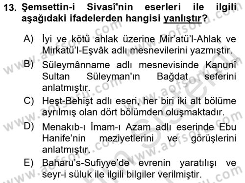 XVI. Yüzyıl Türk Edebiyatı Dersi 2023 - 2024 Yılı (Final) Dönem Sonu Sınav Soruları 13. Soru