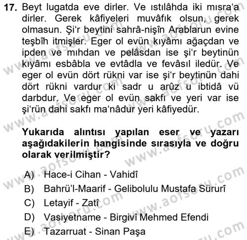 XVI. Yüzyıl Türk Edebiyatı Dersi 2023 - 2024 Yılı (Final) Dönem Sonu Sınav Soruları 17. Soru