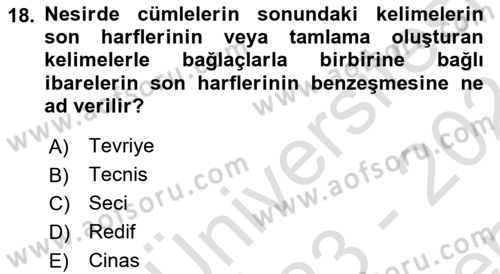 XVI. Yüzyıl Türk Edebiyatı Dersi 2023 - 2024 Yılı (Final) Dönem Sonu Sınav Soruları 18. Soru