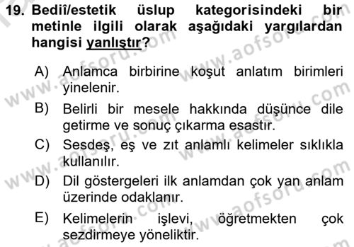 XVI. Yüzyıl Türk Edebiyatı Dersi 2023 - 2024 Yılı (Final) Dönem Sonu Sınav Soruları 19. Soru