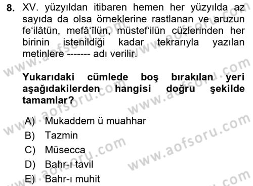 XVI. Yüzyıl Türk Edebiyatı Dersi 2023 - 2024 Yılı (Final) Dönem Sonu Sınav Soruları 8. Soru