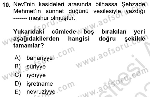 XVI. Yüzyıl Türk Edebiyatı Dersi 2023 - 2024 Yılı Yaz Okulu Sınav Soruları 10. Soru