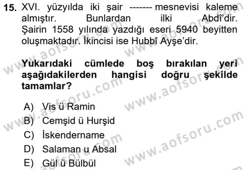 XVI. Yüzyıl Türk Edebiyatı Dersi 2023 - 2024 Yılı Yaz Okulu Sınav Soruları 15. Soru