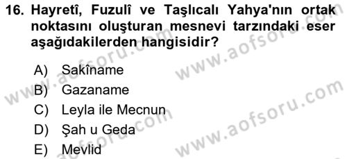XVI. Yüzyıl Türk Edebiyatı Dersi 2023 - 2024 Yılı Yaz Okulu Sınav Soruları 16. Soru
