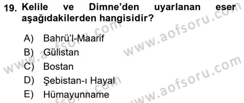 XVI. Yüzyıl Türk Edebiyatı Dersi 2023 - 2024 Yılı Yaz Okulu Sınav Soruları 19. Soru