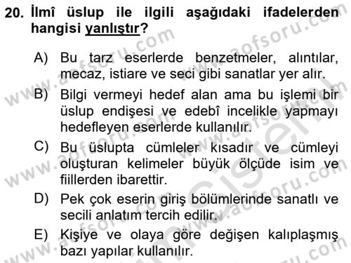 XVI. Yüzyıl Türk Edebiyatı Dersi 2023 - 2024 Yılı Yaz Okulu Sınav Soruları 20. Soru