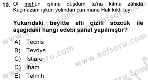 XVI. Yüzyıl Türk Edebiyatı Dersi Ara Sınavı Deneme Sınav Soruları 10. Soru
