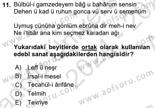 XVI. Yüzyıl Türk Edebiyatı Dersi Ara Sınavı Deneme Sınav Soruları 11. Soru