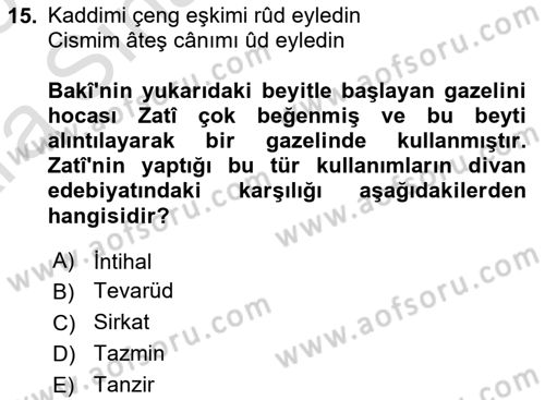 XVI. Yüzyıl Türk Edebiyatı Dersi 2024 - 2025 Yılı (Vize) Ara Sınav Soruları 15. Soru
