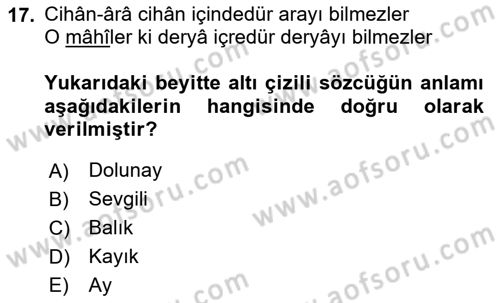 XVI. Yüzyıl Türk Edebiyatı Dersi Ara Sınavı Deneme Sınav Soruları 17. Soru