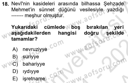 XVI. Yüzyıl Türk Edebiyatı Dersi Ara Sınavı Deneme Sınav Soruları 18. Soru