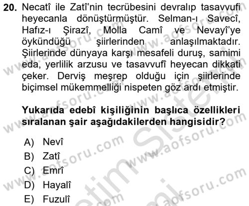 XVI. Yüzyıl Türk Edebiyatı Dersi 2024 - 2025 Yılı (Vize) Ara Sınav Soruları 20. Soru