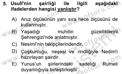 XVI. Yüzyıl Türk Edebiyatı Dersi Ara Sınavı Deneme Sınav Soruları 5. Soru