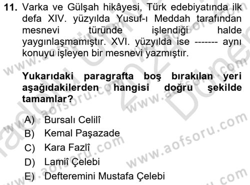 XVI. Yüzyıl Türk Edebiyatı Dersi 2024 - 2025 Yılı (Final) Dönem Sonu Sınav Soruları 11. Soru