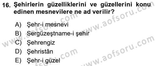XVI. Yüzyıl Türk Edebiyatı Dersi 2024 - 2025 Yılı (Final) Dönem Sonu Sınav Soruları 16. Soru