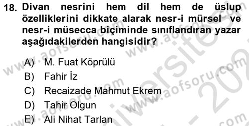 XVI. Yüzyıl Türk Edebiyatı Dersi 2024 - 2025 Yılı (Final) Dönem Sonu Sınav Soruları 18. Soru
