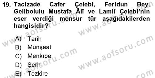 XVI. Yüzyıl Türk Edebiyatı Dersi 2024 - 2025 Yılı (Final) Dönem Sonu Sınav Soruları 19. Soru