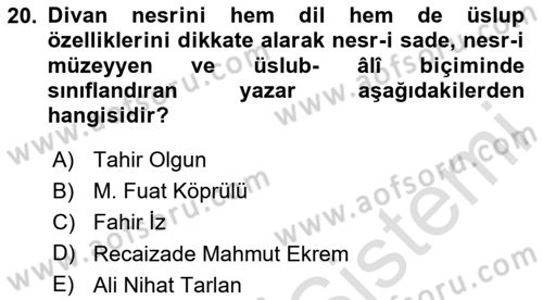 XVI. Yüzyıl Türk Edebiyatı Dersi 2024 - 2025 Yılı (Final) Dönem Sonu Sınav Soruları 20. Soru