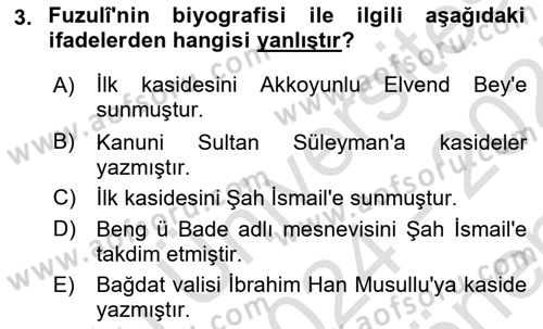 XVI. Yüzyıl Türk Edebiyatı Dersi 2024 - 2025 Yılı (Final) Dönem Sonu Sınav Soruları 3. Soru