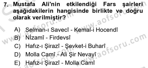 XVI. Yüzyıl Türk Edebiyatı Dersi 2024 - 2025 Yılı (Final) Dönem Sonu Sınav Soruları 7. Soru