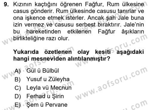 XVI. Yüzyıl Türk Edebiyatı Dersi 2024 - 2025 Yılı (Final) Dönem Sonu Sınav Soruları 9. Soru