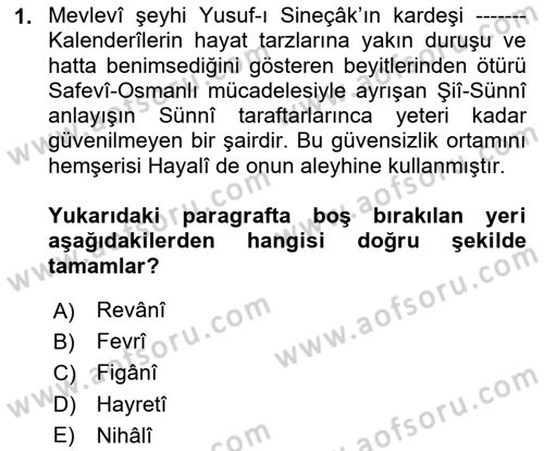 XVI. Yüzyıl Türk Edebiyatı Dersi 2024 - 2025 Yılı Yaz Okulu Sınav Soruları 1. Soru