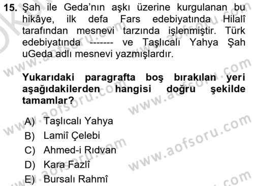 XVI. Yüzyıl Türk Edebiyatı Dersi 2024 - 2025 Yılı Yaz Okulu Sınav Soruları 15. Soru