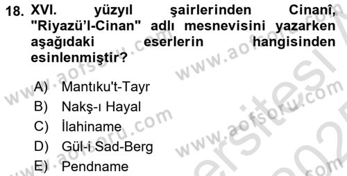 XVI. Yüzyıl Türk Edebiyatı Dersi Yaz Okulu Sınavı Deneme Sınav Soruları 18. Soru