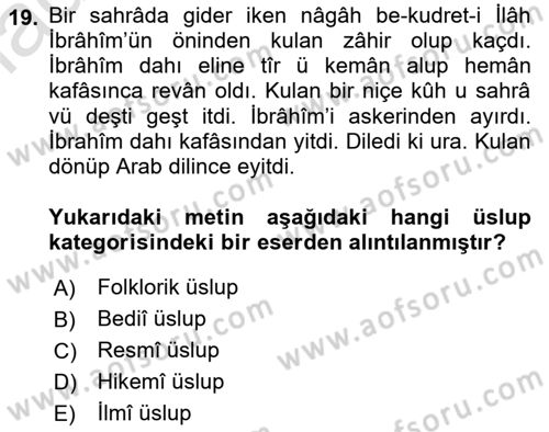 XVI. Yüzyıl Türk Edebiyatı Dersi Yaz Okulu Sınavı Deneme Sınav Soruları 19. Soru