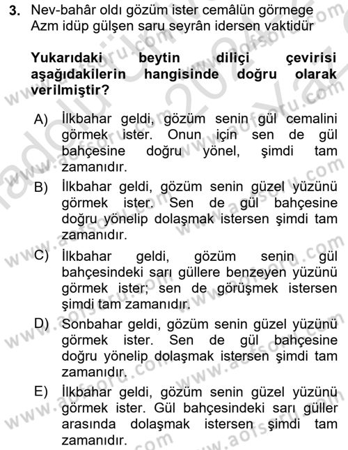 XVI. Yüzyıl Türk Edebiyatı Dersi Yaz Okulu Sınavı Deneme Sınav Soruları 3. Soru
