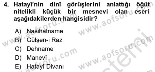 XVI. Yüzyıl Türk Edebiyatı Dersi 2024 - 2025 Yılı Yaz Okulu Sınav Soruları 4. Soru