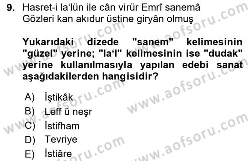 XVI. Yüzyıl Türk Edebiyatı Dersi Yaz Okulu Sınavı Deneme Sınav Soruları 9. Soru
