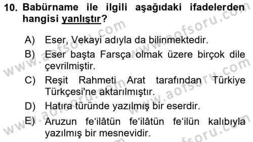 XVI. Yüzyıl Türk Edebiyatı Dersi 2025 - 2026 Yılı (Vize) Ara Sınav Soruları 10. Soru