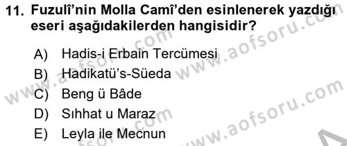 XVI. Yüzyıl Türk Edebiyatı Dersi 2025 - 2026 Yılı (Vize) Ara Sınav Soruları 11. Soru